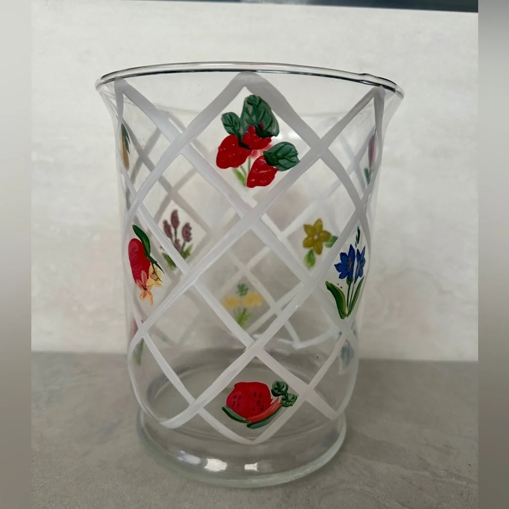 White Barn Candle Co Glass Flowers Fruit Painted Large Jar Holder 7.5” Tall New